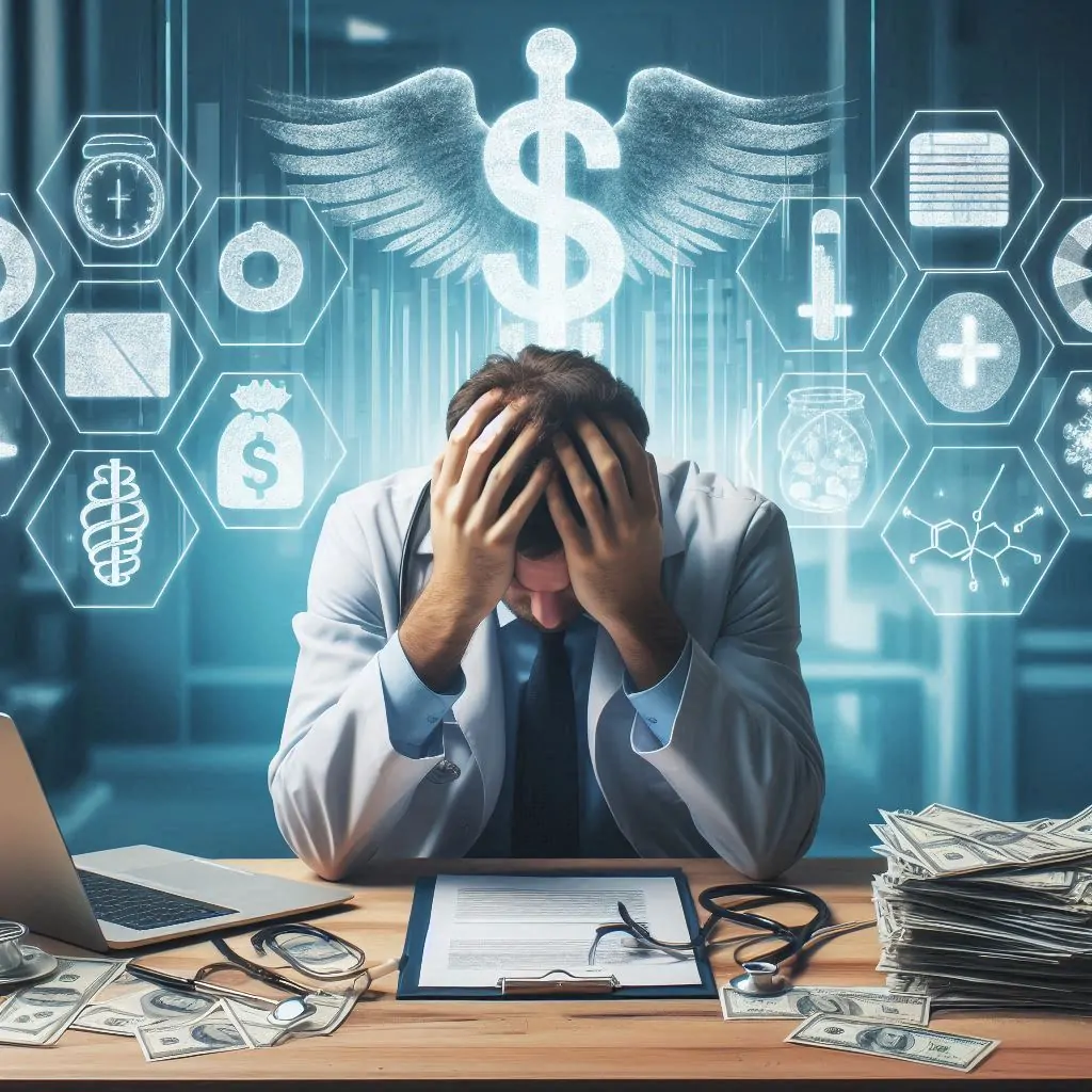 RCM Data breaches response. An AI derived image depicting a frustrated healthcare provider with his head in his hands & elements representing money (revenue) & security