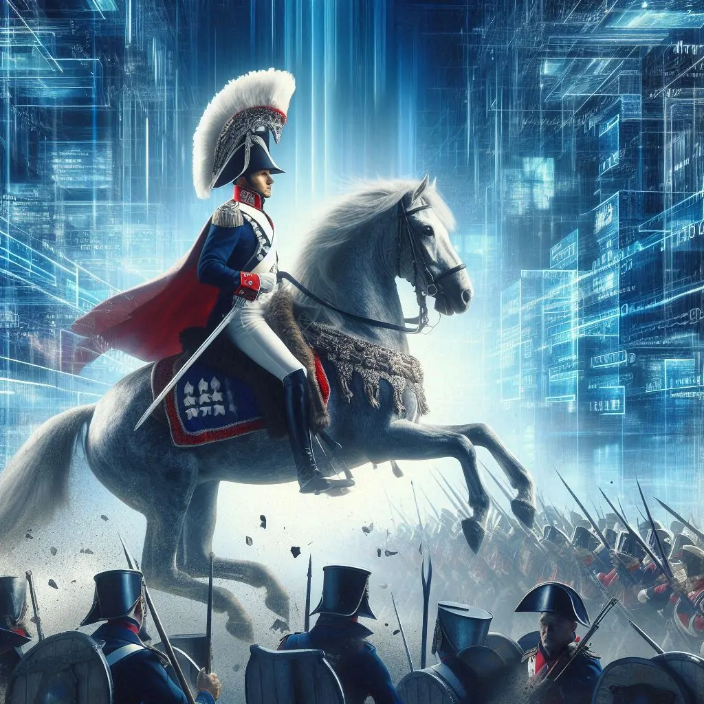 Lead Assessor for SOC2 & ISO27001 certification. Image depicts the Lead Assessor / Lead Auditor as a general like Napolean Bonaparte on his horse waging war against cybersecurity threats.